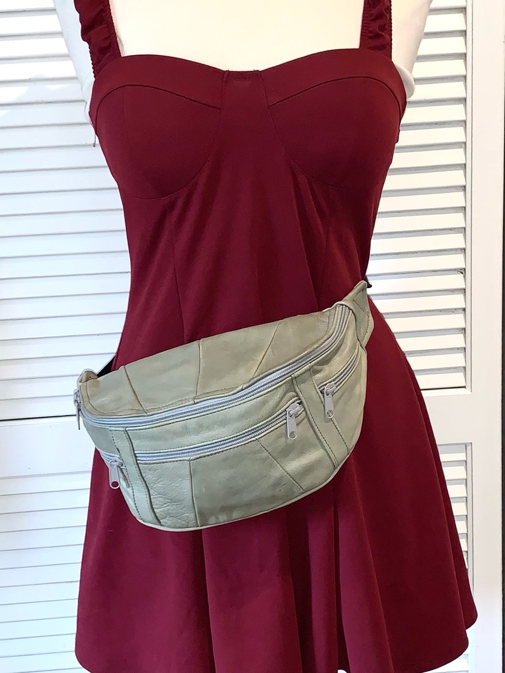 Vintage 90s Genuine Leather Large Fanny Pack Festival Belt Bag Sage